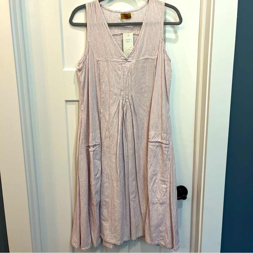 Tulip Women’s Dress Pink Blue Vertical Stripes Size XS Sleeveless V-Neck Pockets